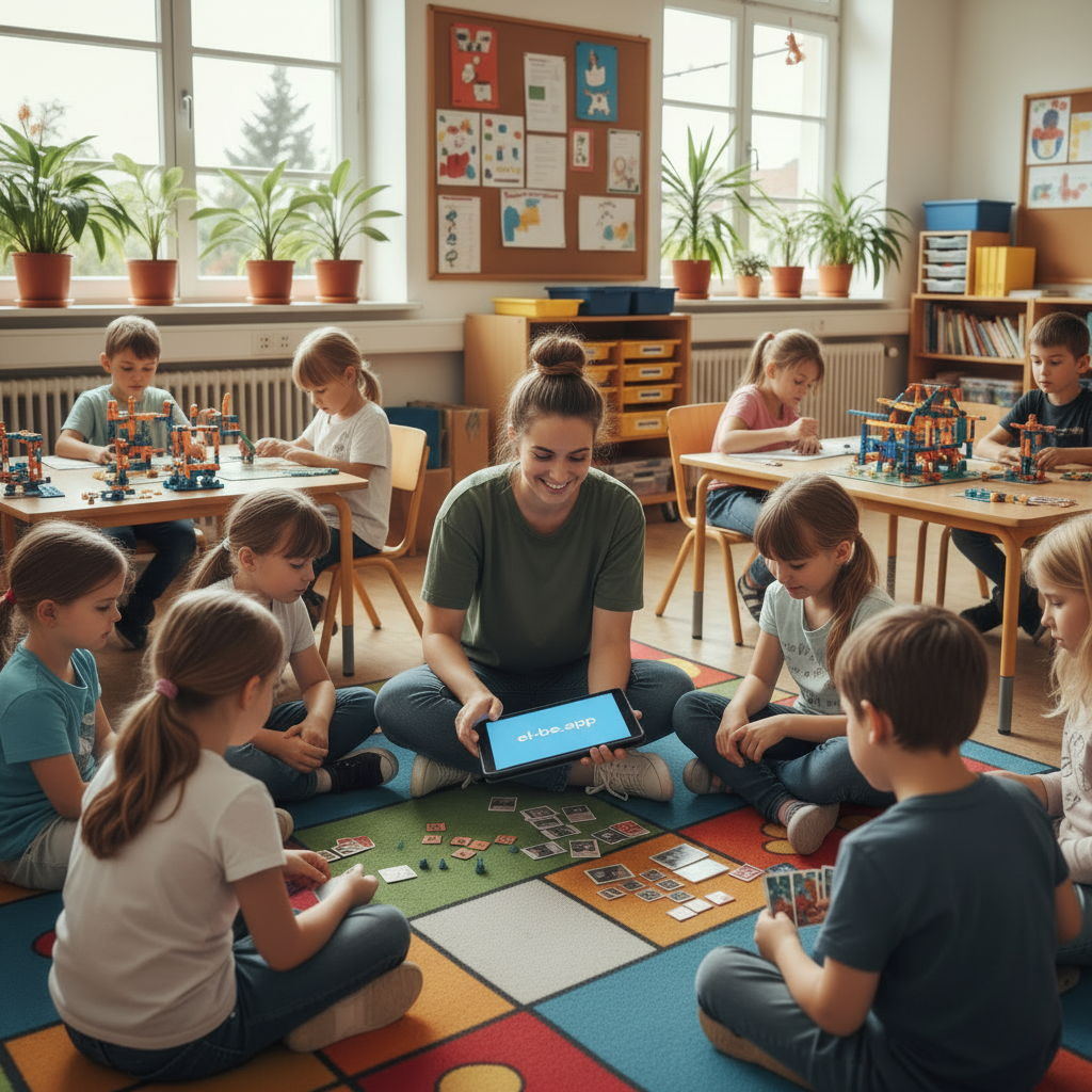 Eine weibliche Betreuungskraft, sitzend zwischen speileneden Kindern